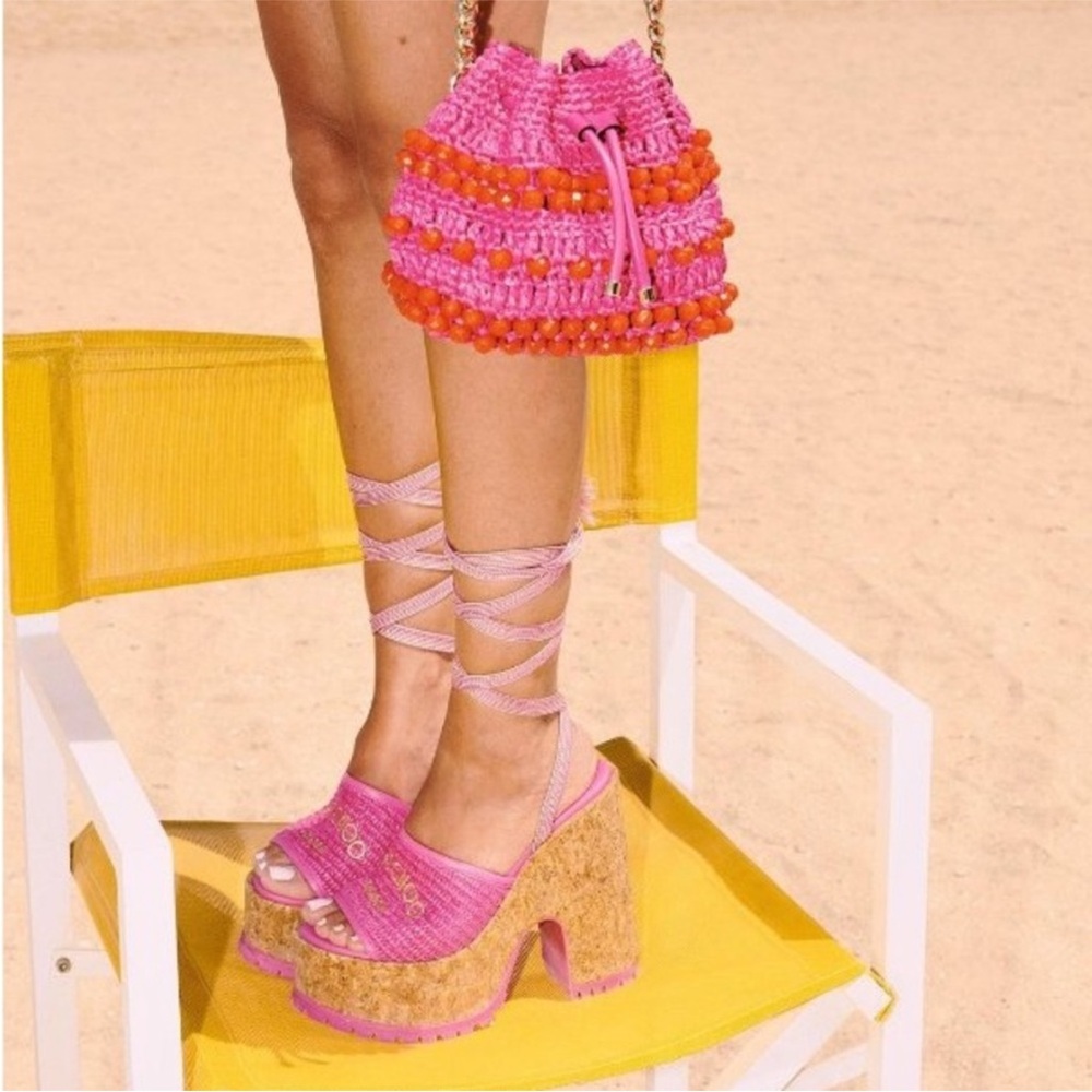 New Jimmy Choo Gal Raffia Cork Ankle-Tie Platform Sandals $750 38.5 - Picture 6 of 15